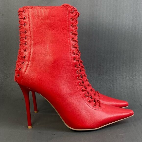 Steve Madden Red Allnight Leather Laced Stiletto Heel Booties womens size 7 new - Picture 1 of 10